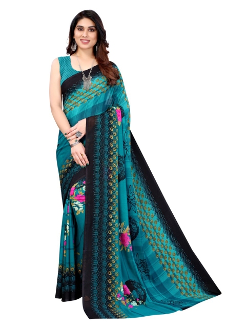 

KALINI Teal & Black Floral Printed Saree