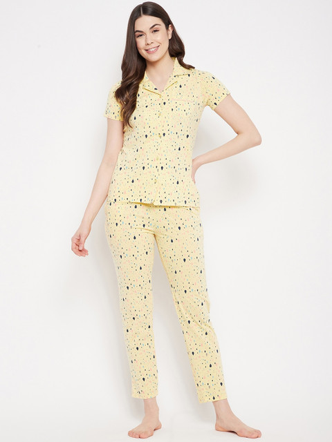 

MADAME M SECRET Women Yellow Printed Cotton Blend Night Suit