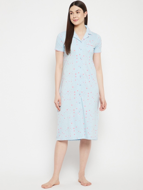 

MADAME M SECRET Women Sky Blue Polka Dots Printed Nightdress