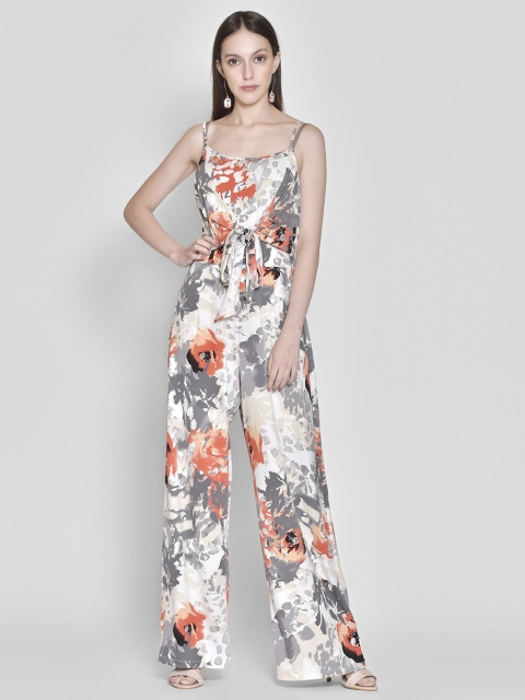 

250 DESIGNS White & Grey Printed Tie-Up Basic Jumpsuit