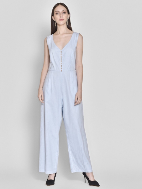 

250 DESIGNS Blue Striped Cotton Basic Jumpsuit