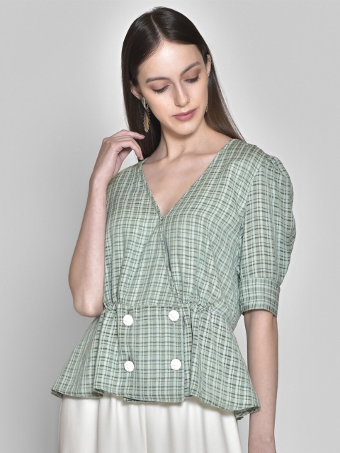 

250 DESIGNS Green Checked Pure Cotton Wrap Top