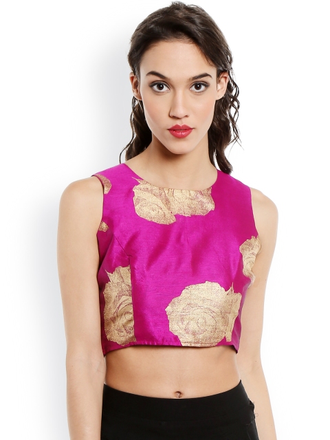 

Ira Soleil Pink & Gold-Toned Floral Print Crop Top