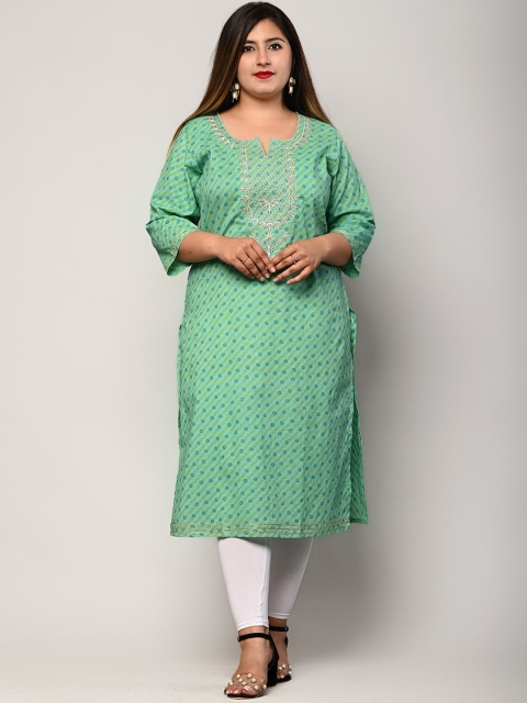 

Swasti Plus Size Women Sea Green Floral Printed Thread Work Floral Kurta