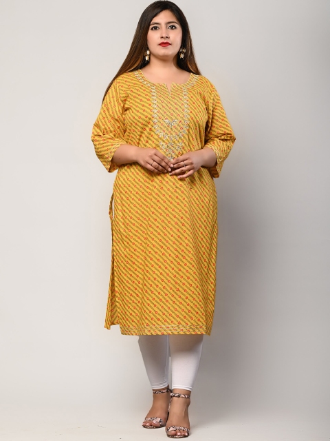 

Swasti Women Plus Size Mustard Yellow Floral Embroidered Cotton Kurta
