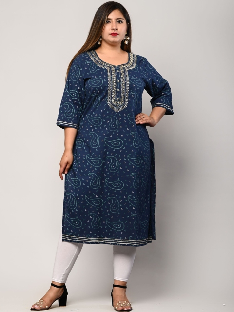 

Swasti Women Plus Size Blue Ethnic Motifs Printed Floral Pure Cotton Kurta