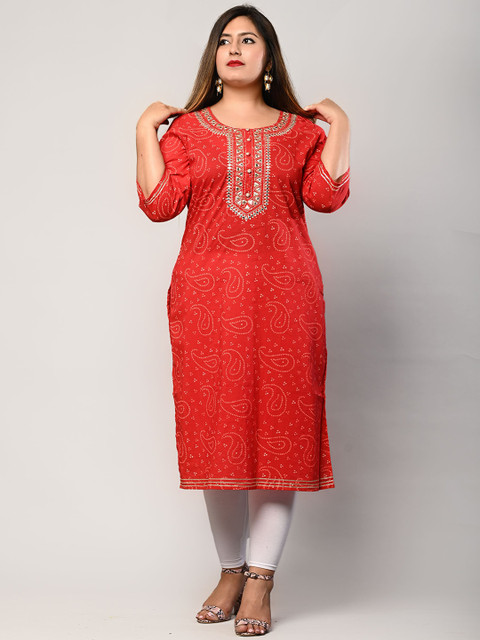 

Swasti Women Red Ethnic Motifs Printed Mirror Work Cotton Kurta