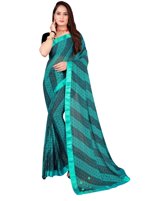 

SAADHVI Teal & Grey Geometric Printed Art Silk Saree