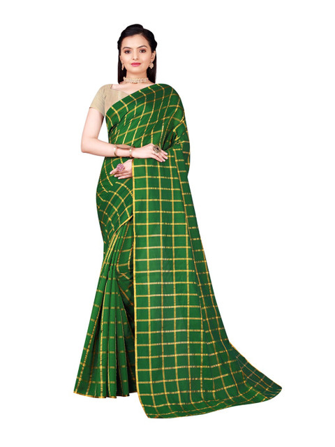 

SAADHVI Green & Gold-Toned Cotton Silk Checked Zari Saree