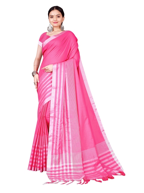 

SAADHVI Pink & Silver-Toned Printed Cotton Silk Zari Saree