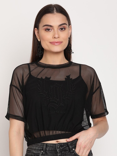 

Madame Black Embroidered Mesh Crop Top with Camisole