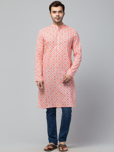 

Waahiba Men Pink Geometric Thread Work Kurta