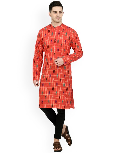 

Waahiba Men Red Geometric Thread Work Handloom Kurta