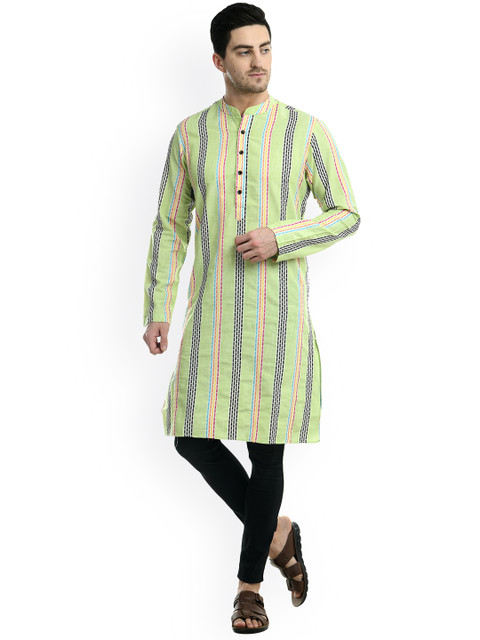 

Waahiba Men Green Striped Mirror Work Handloom Kurta