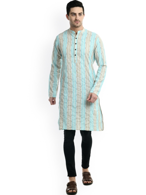 

Waahiba Men Blue Striped Thread Work Handloom Kurta