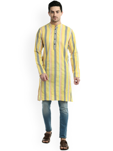 

Waahiba Men Yellow Striped Flared Sleeves Thread Work Handloom Kurta