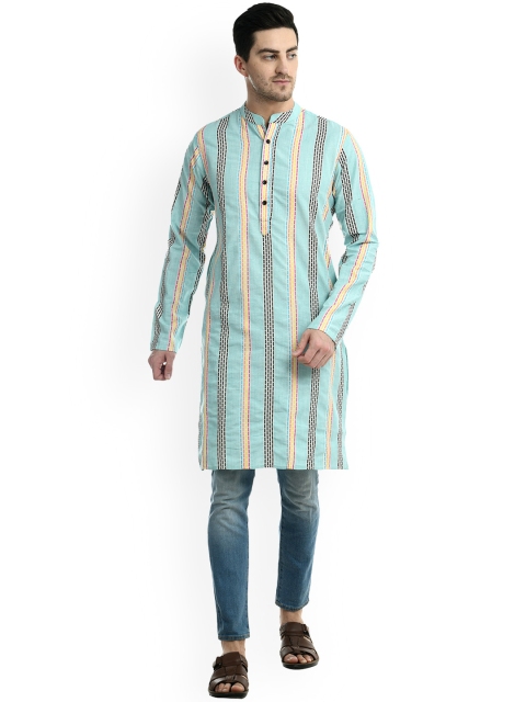 

Waahiba Men Blue Striped Flared Sleeves Thread Work Handloom Kurta