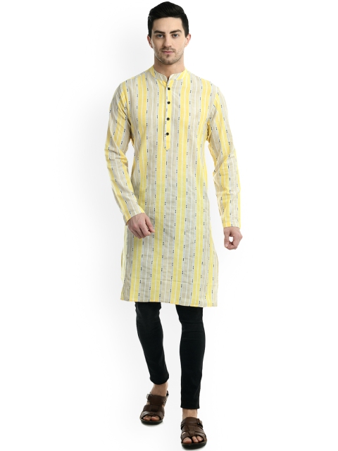 

Waahiba Men Yellow Striped Thread Work Handloom Kurta