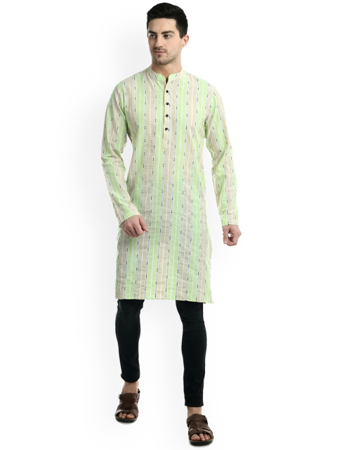 

Waahiba Men Green Striped Thread Work Handloom Kurta