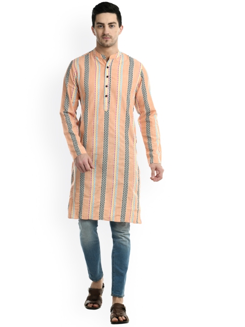 

Waahiba Men Orange Striped Flared Sleeves Thread Work Handloom Kurta