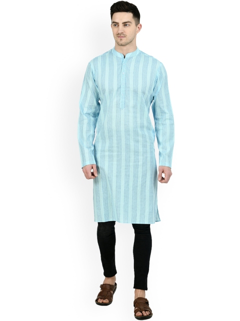 

Waahiba Men Blue Striped Thread Work Handloom Kurta