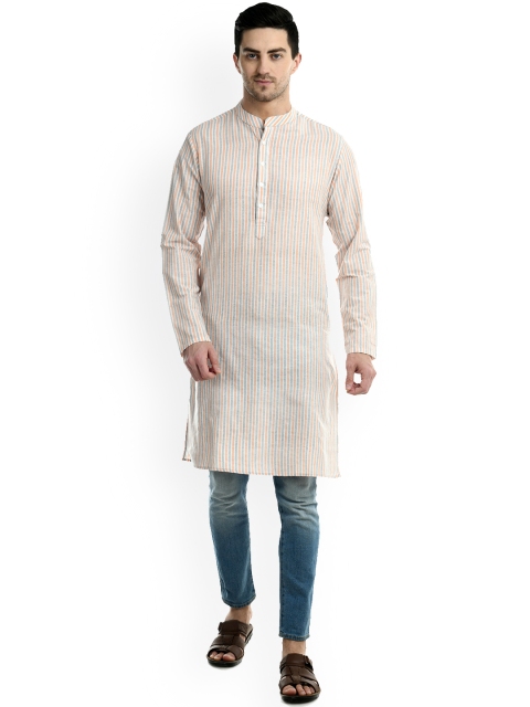 

Waahiba Men Orange Striped Thread Work Handloom Kurta