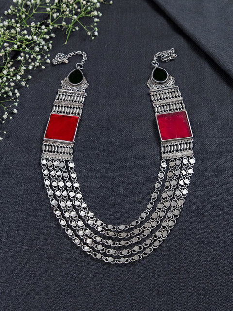 

creyons by mansi Silver-Toned & Red Oxidised Glass Work Necklace