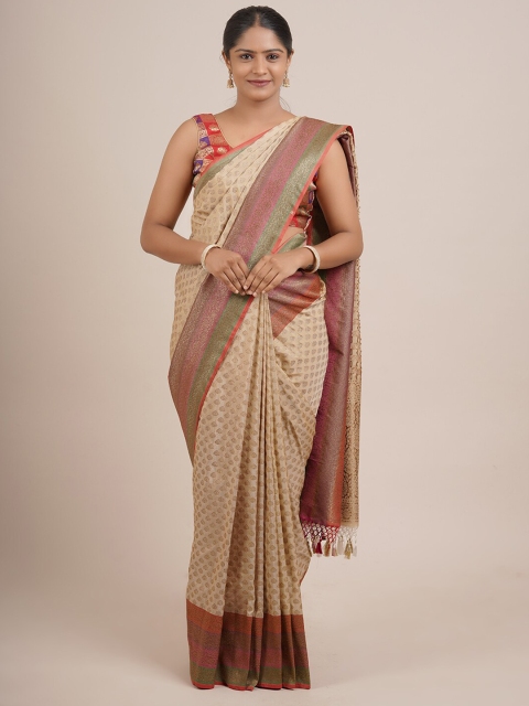 

Pothys Cream-Coloured & Red Ethnic Motifs Pure Silk Banarasi Saree