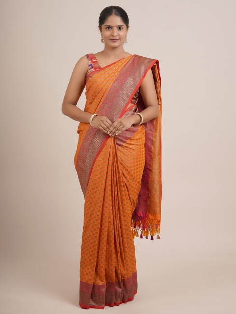 

Pothys Orange & Golden Ethnic Motifs Zari Pure Silk Banarasi Saree