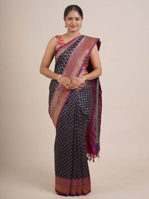 

Pothys Navy Blue & Magenta Ethnic Motifs Pure Silk Banarasi Saree