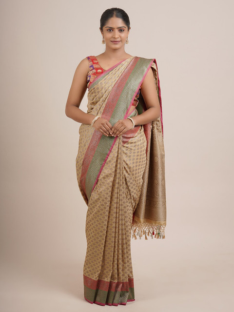 

Pothys Cream-Coloured & Green Ethnic Motifs Zari Pure Silk Banarasi Saree