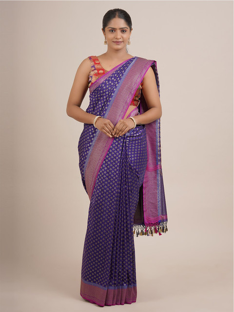 

Pothys Blue & Pink Ethnic Motifs Zari Pure Silk Banarasi Saree