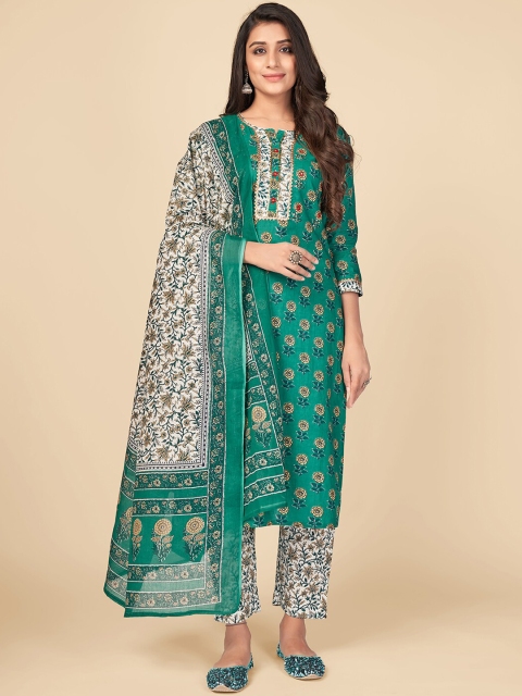 

KALINI Women Turquoise Blue Floral Pleated Sequinned Pure Cotton Kurti with Trousers & With Dupatta