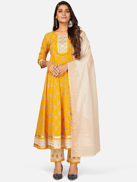 

KALINI Women Yellow Ethnic Motifs Printed Thread Work Pure Cotton Kurta with Trousers & With Dupatta