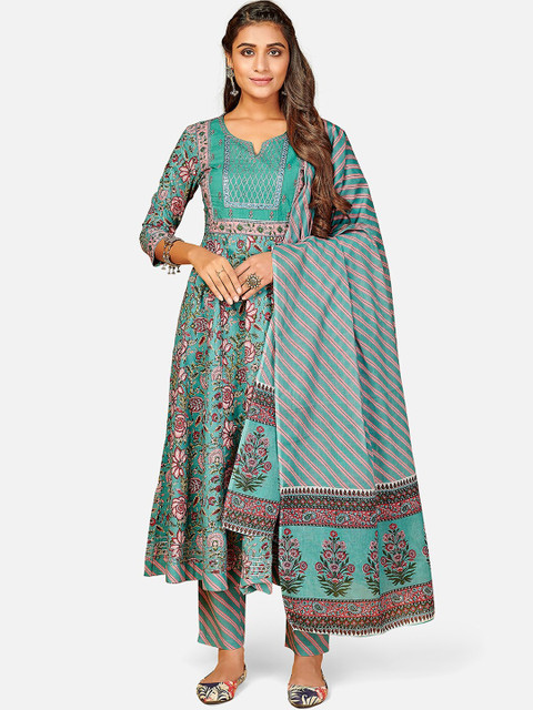

KALINI Women Turquoise Blue Ethnic Motifs Printed Empire Thread Work Pure Cotton Kurta with Trousers With Dupatta