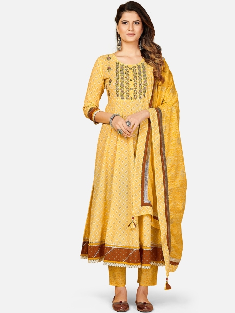 

KALINI Women Yellow Ethnic Motifs Printed Layered Thread Work Pure Cotton Kurti with Trousers & With Dupatta