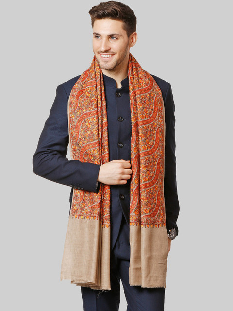 

Pashtush Men Beige & Orange Embroidered Woolen Shawl