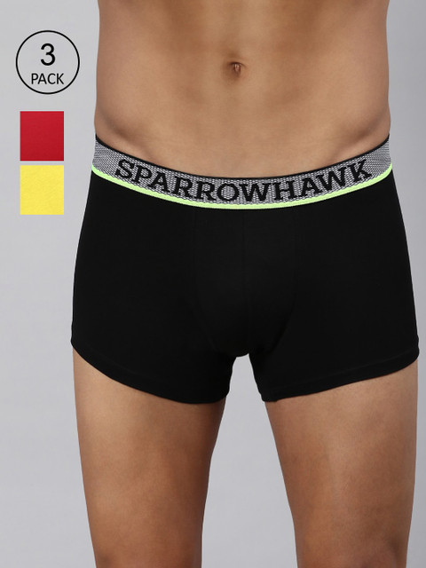 

SPARROWHAWK Men Pack Of 3 Red & Yellow Solid Cotton Trunks