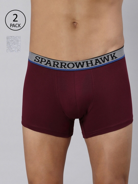

SPARROWHAWK Men Pack Of 2 Grey & Maroon Solid Cotton Trunks