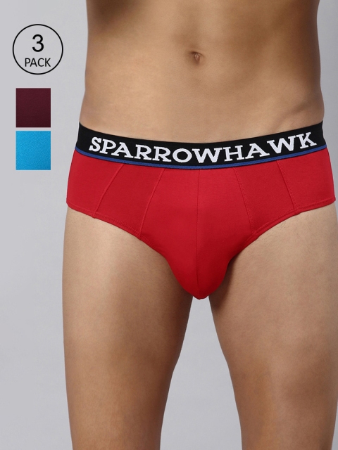 

SPARROWHAWK Men Pack Of 3 Maroon & Blue Solid Cotton Basic Briefs