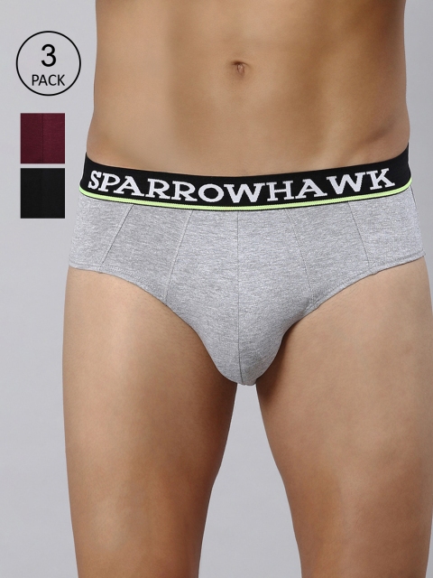 

SPARROWHAWK Men Pack Of 3 Grey & Maroon Solid Cotton Basic Briefs