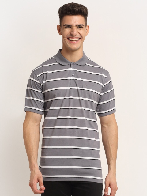 

VENITIAN Men Grey Striped Polo Collar Cotton T-shirt