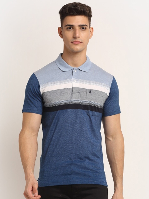 

VENITIAN Men Blue & Grey Colourblocked Polo Collar Cotton T-shirt