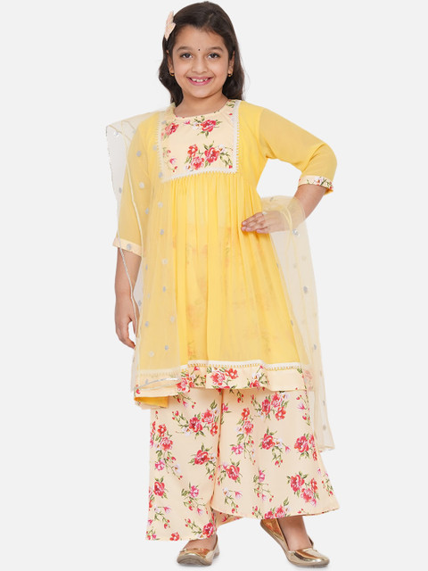 

Little Bansi Girls Yellow Floral Printed Empire Gotta Patti Kurta with Palazzos & With Dupatta