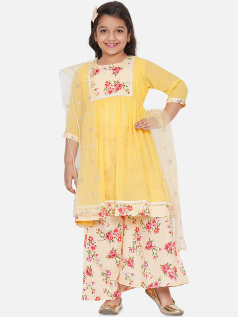 

Little Bansi Girls Yellow Floral Embroidered Angrakha Kurti with Salwar & With Dupatta