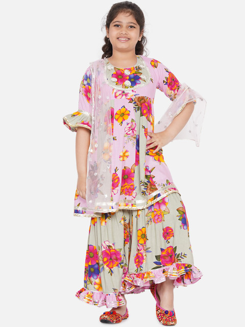 

Little Bansi Girls Multicoloured Floral Printed Pleated Kurti with Palazzos & With Dupatta, Multi