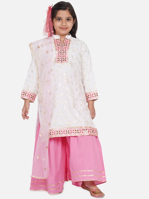

Little Bansi Girls White & Pink Embroidered Kurti with Sharara & Dupatta