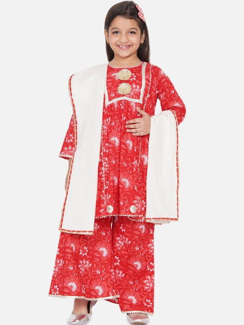 

Little Bansi Girls Red Floral Printed Panelled Gotta Patti Kurta with Palazzos & With Dupatta