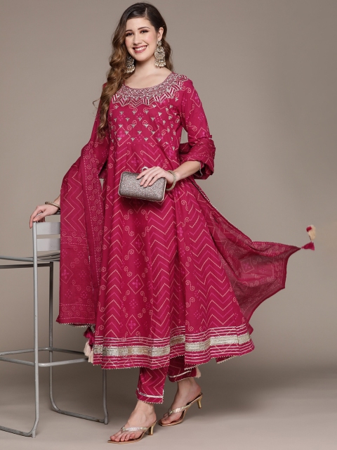 

Ishin Women Pink Bandhani Embroidered Pure Cotton Kurta with Trousers & Dupatta
