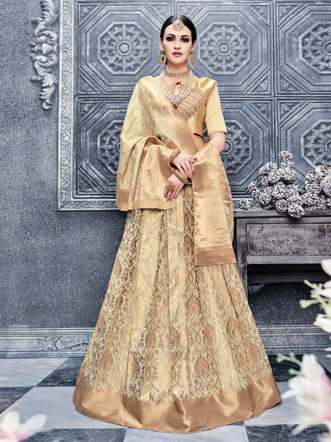 

LABEL AARNA Cream-Coloured & Gold-Toned Semi-Stitched Lehenga & Unstitched Blouse With Dupatta